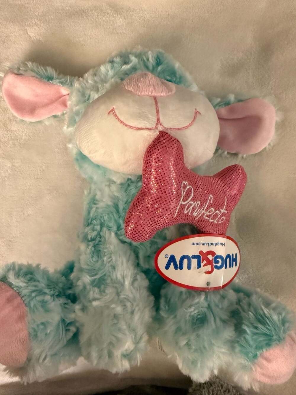 Hug & Luv Blue Teal Dog Plush Stuffed Animal Holding Pink 'Pawfect' Bone